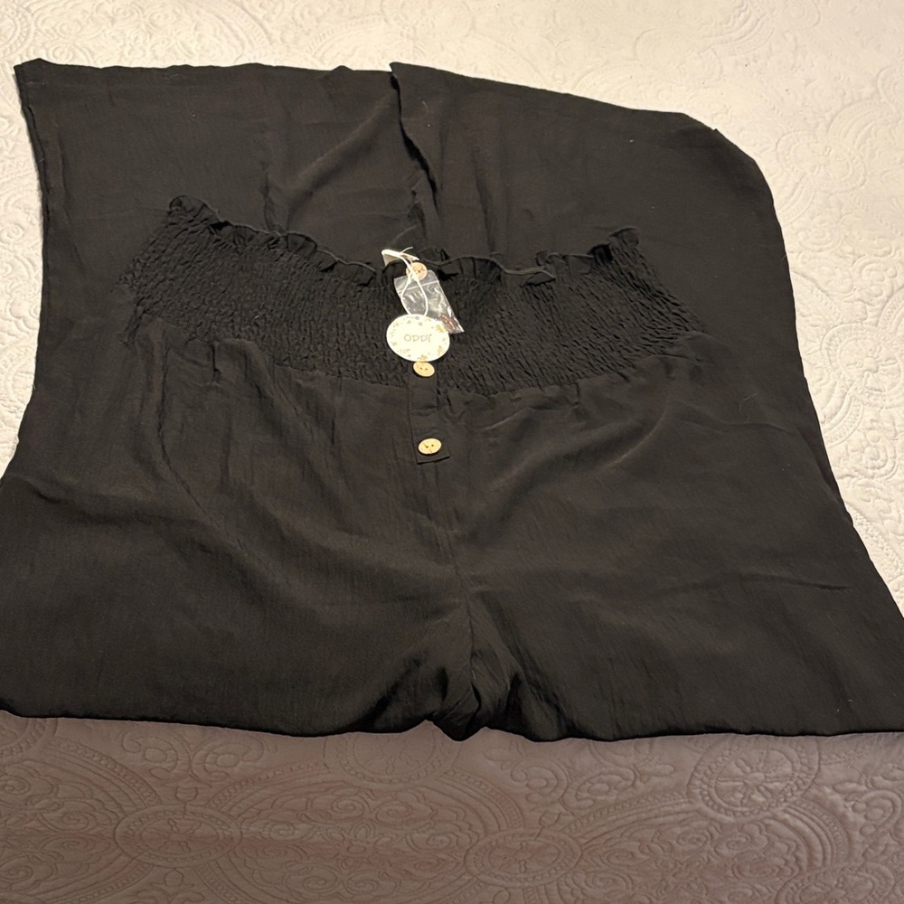 ODDY 3X Black Wide-leg pants with smocked waistband & button details